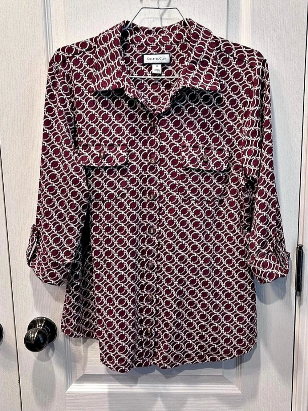 Charter Club Women’s Burgundy & White Geometric Button Front Roll Tab Blouse MD